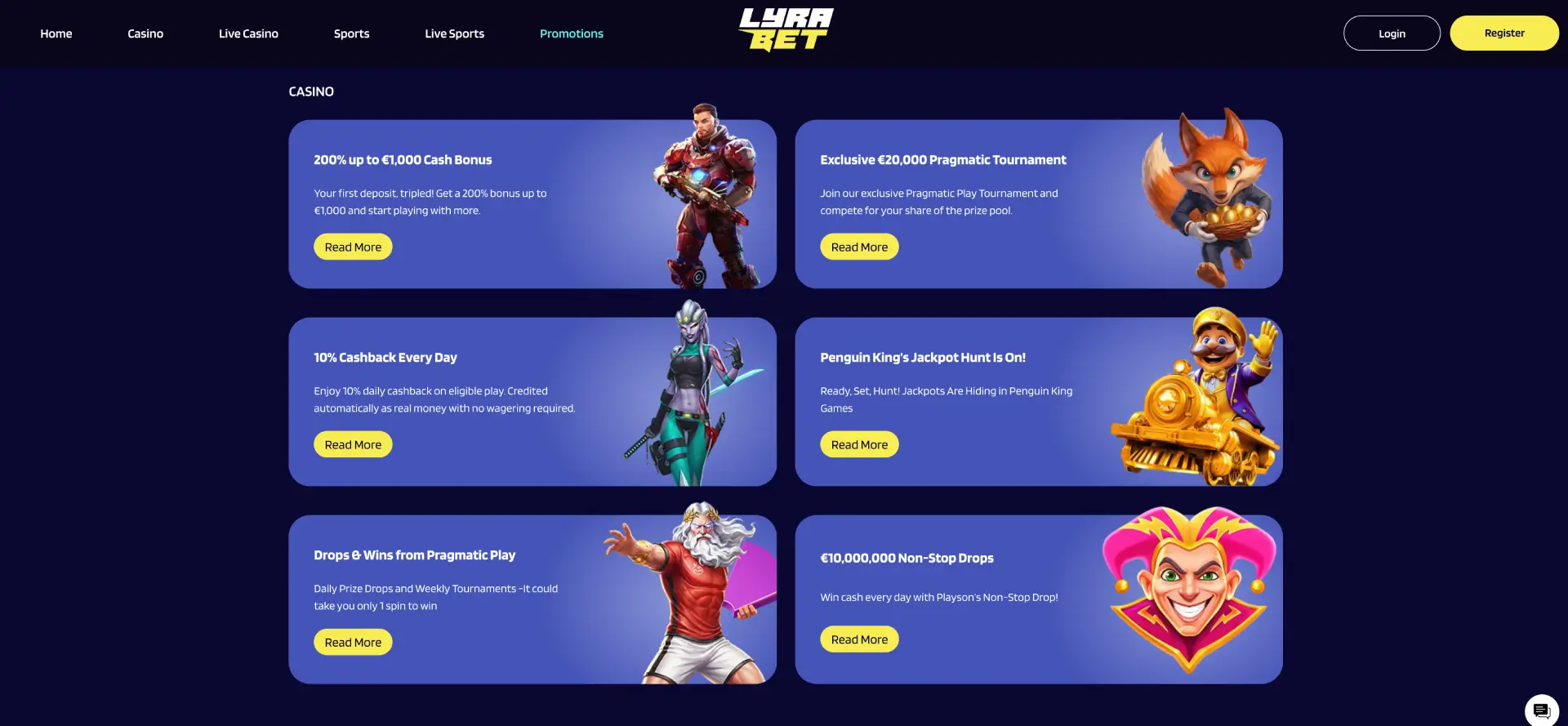 LyraBet bonussectie met 200 procent casino bonus tot 1000 euro