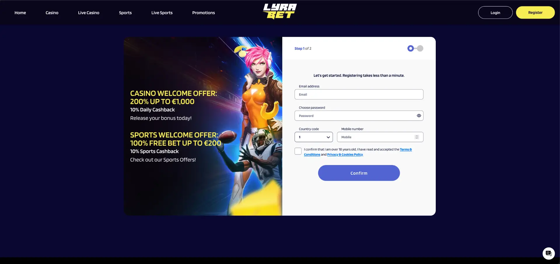 LyraBet registratieformulier voor nieuw casino account