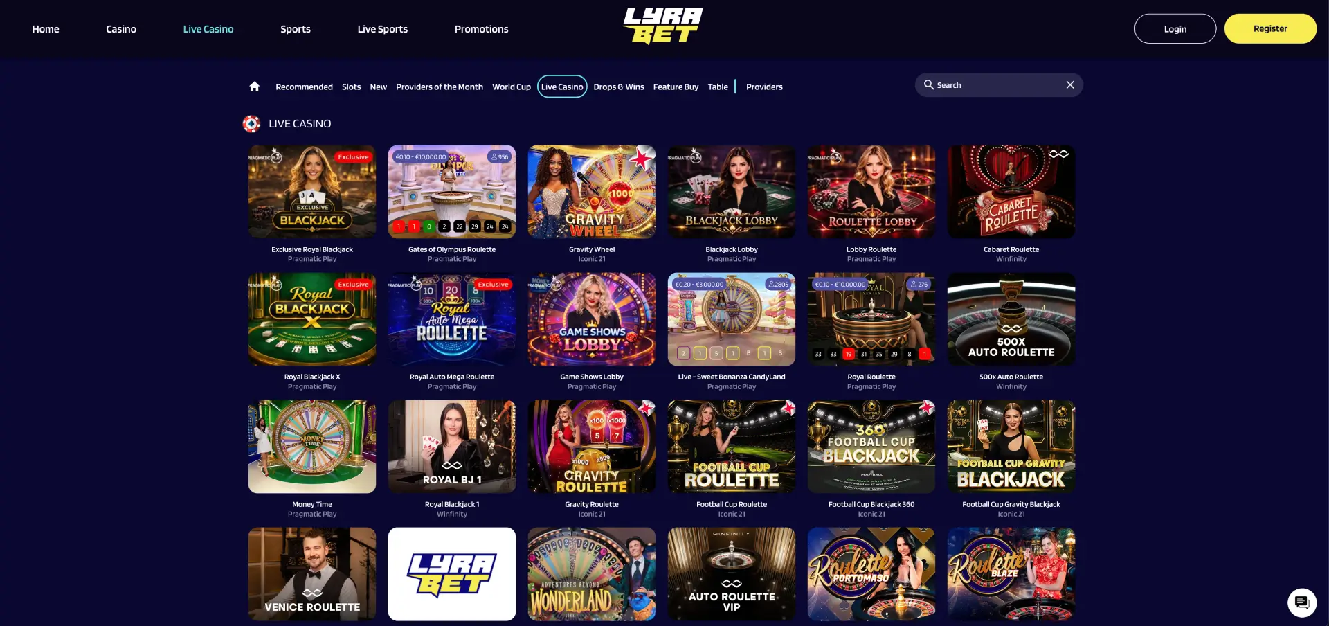 LyraBet live casino tafels met roulette en blackjack