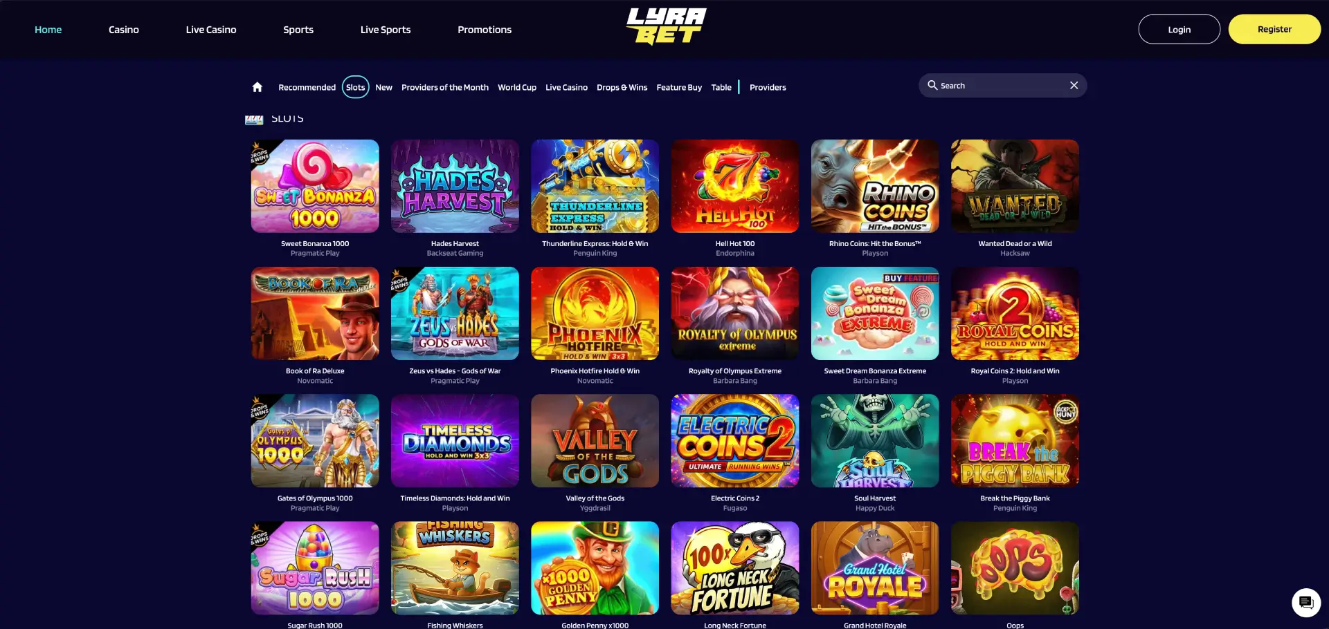 LyraBet slots lobby met populaire spellen voor Nederlandse spelers